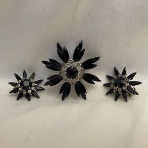 Elegant Black and Silver Floral Brooch Trio